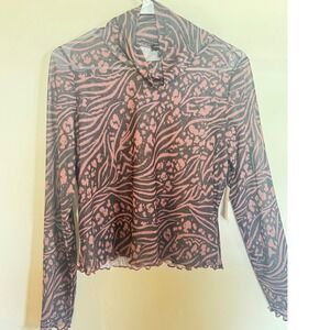 Originality Animal Print Mesh Mock Neck Ruffle Long Sleeve Top XL NWT